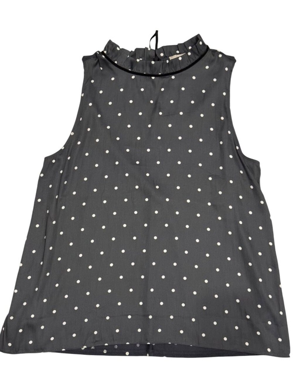 LOFT Sleeveless Polka Dot Ruffle Neck Blouse XL Gray/White New With Tags